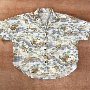 Rip Curl Hawaiian Shirt Men M Blue Floral Button Up Cotton Linen Pocket Collared